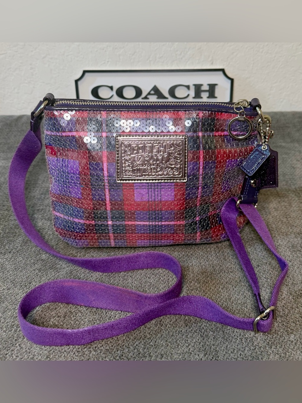 Coach Poppy Tartan Plaid Sequin Groovy Crossbody Bag Purple & Pink
